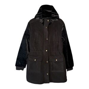 Eden Society Black Faux Fur Sherpa Hooded Snap Zip Closure Winter Jacket NEW